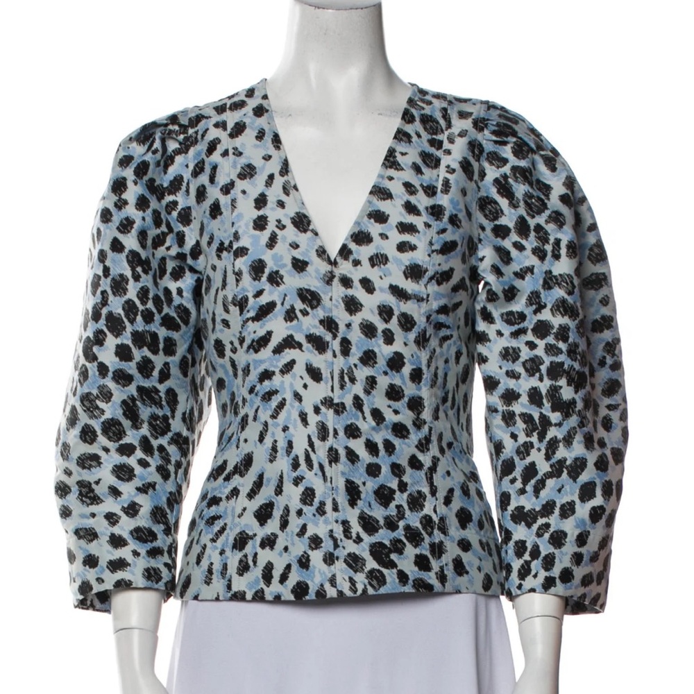 Ganni Black and Gray Fitted 3/4 Sleeve Blouse